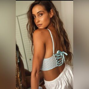 Free People Lace Back Long line Bra in Light Blue